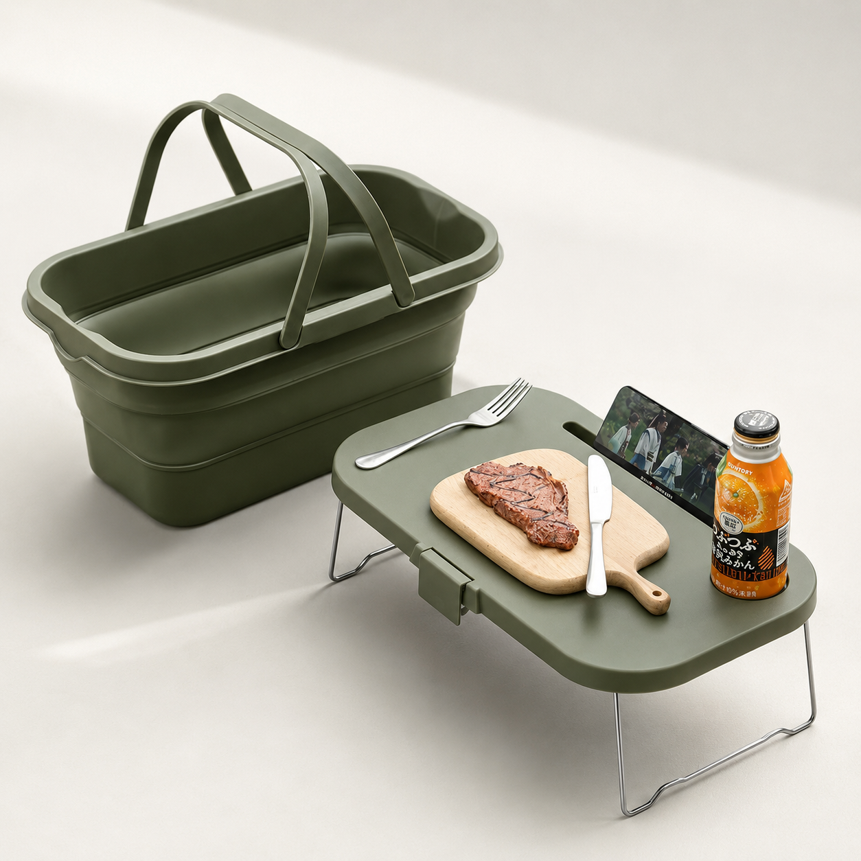 Foldable Basket with Built-In Table